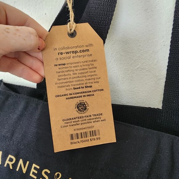 NWT Barnes And Noble Black Tote Bag Monogram Organic Cotton Canvas - Picture 7 of 7